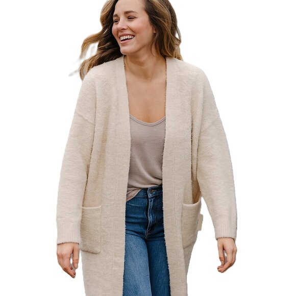 Bohemian  Boucle long, open-front duster cardigan, in PASTEL ROSE TAN size S - Picture 1 of 13